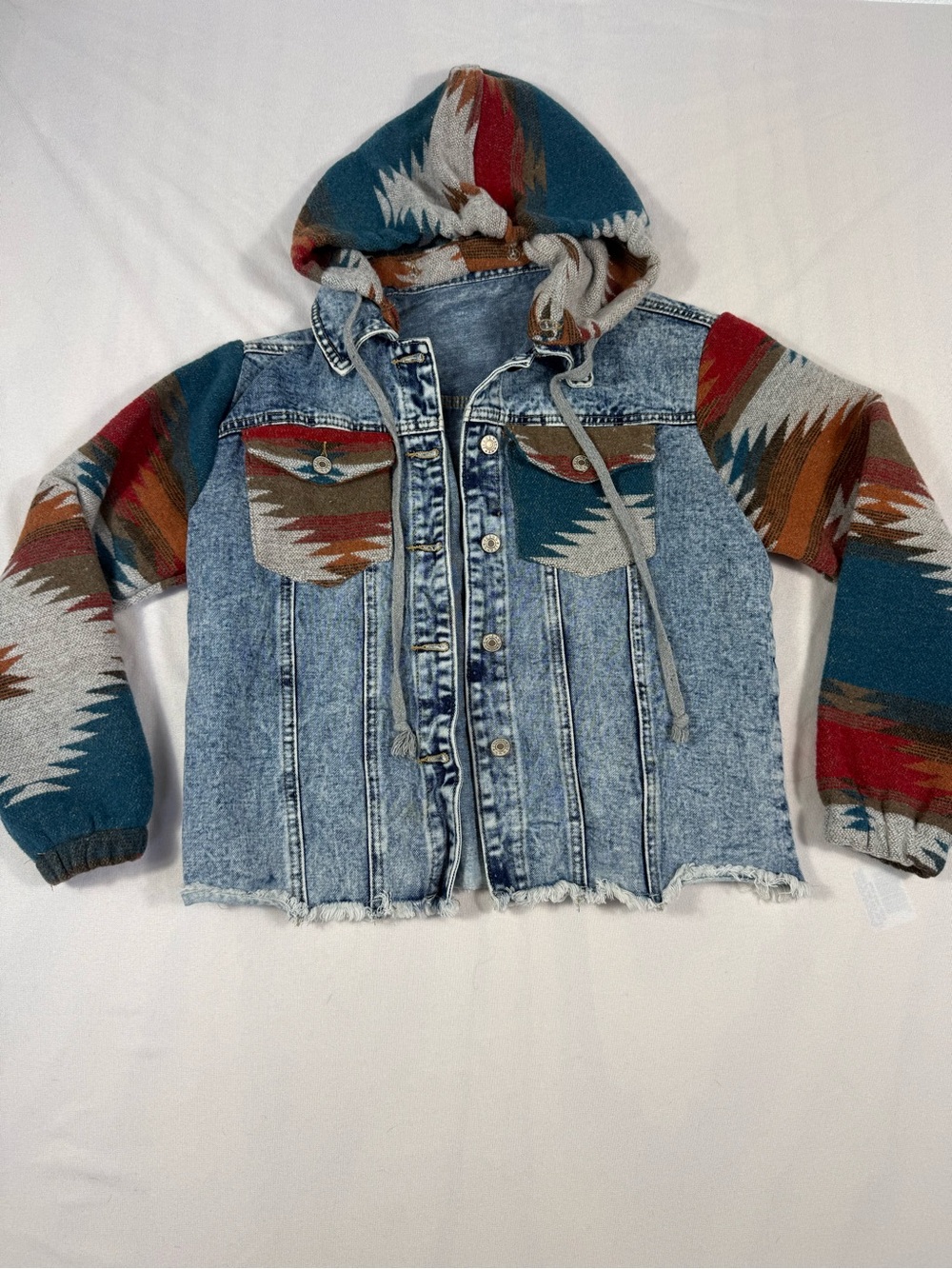 Boho Aztec-Trim Denim Jacket with Hood
